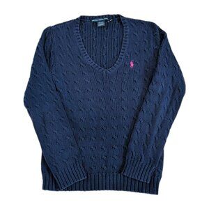 Ralph Lauren Sport Sweater Womens Medium Blue V Neck Chunky Knit